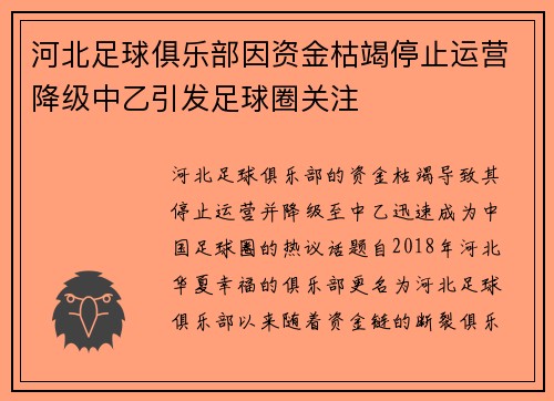 河北足球俱乐部因资金枯竭停止运营降级中乙引发足球圈关注 河北足球俱乐部因资金枯竭停止运营降级中乙引发足球圈关注