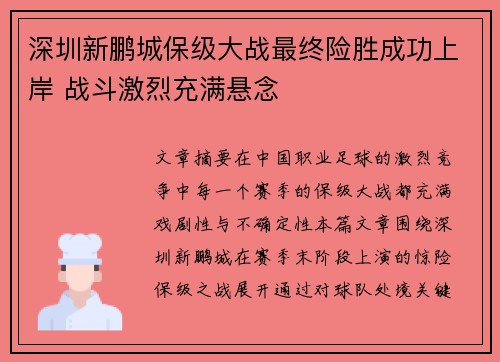 深圳新鹏城保级大战最终险胜成功上岸 战斗激烈充满悬念 深圳新鹏城保级大战最终险胜成功上岸 战斗激烈充满悬念